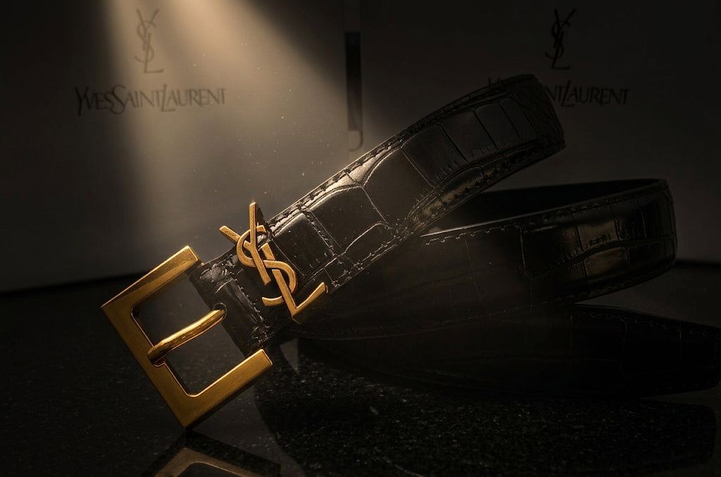YSL Saint Laurent CROCODILE-EMBOSSED Leather Cassandre Belt